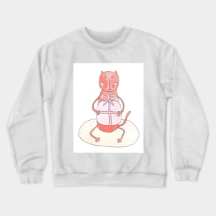 Cat is holding a gift. Congratulations on the holiday. Celebration, anniversary. Great event. Watercolor illustration humorous. Humor, fun design modern Crewneck Sweatshirt